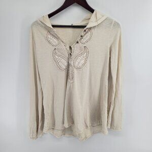 Free People Cream Hooded Lace Detail Women's Boho Top Size Small